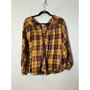 Sundance Yellow Plaid Raw Hem Long Sleeve Top Sz L